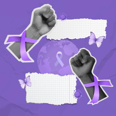 A powerful vector illustration featuring raised fists with purple ribbons, symbolizing strength and solidarity for World Cancer Day on February 4th. clipart