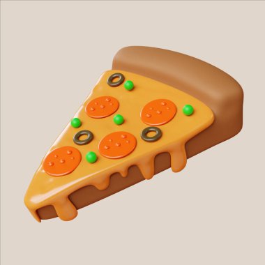 Playful slice of pepperoni pizza featuring vibrant green and orange toppings, melting cheese, and a thick crust on a neutral backdrop. clipart