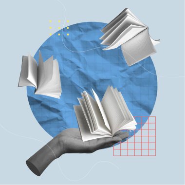 İçinde yüzen sayfaların olduğu açık bir kitabı tutan, bilgi ve yaratıcılığı sembolize eden eğitici ve sanatsal projeler için mükemmel bir el ele sahip bir kolaj..