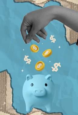 Tasarruf, bütçe ve etkin finansal planlamayı sembolize eden, mavi domuzcuk bankasına para yatıran bir el resmi..