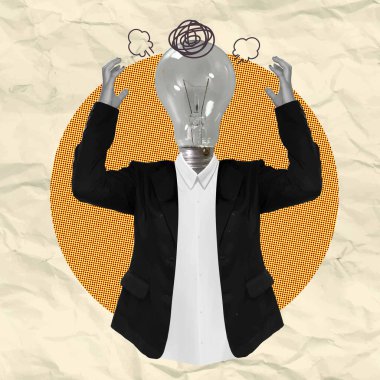 Karmaşık sembollerle çevrili, yaratıcı ve yenilikçi zorlukları sembolize eden, yaratıcı endüstriler için ideal, hayal kırıklığına uğramış bir iş adamını gösteren ilginç bir vektör çizimi..