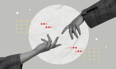 Çarpıcı bir vektör illüstrasyonu. Elleri birbirine doğru tutan, bağlantıyı ve ortaklığı sembolize eden, modern kolaj tarzında yapılmış..