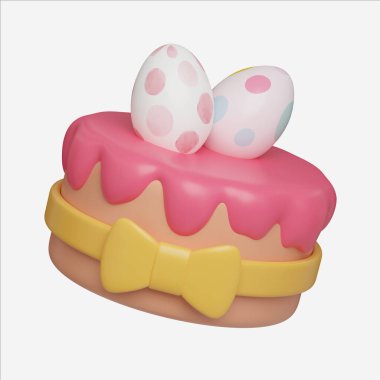 Paskalya pastası, pembe jöleli ve yumurtalı Paskalya pastası, paskalya yumurtası ikonları. 3D Resim Paskalya Festivali..