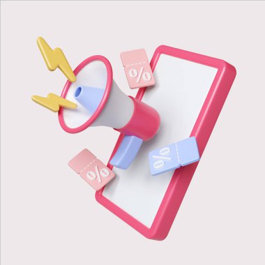 Renkli bir 3D megafon çizimi, pazarlama kampanyaları ve duyurular için mükemmel..