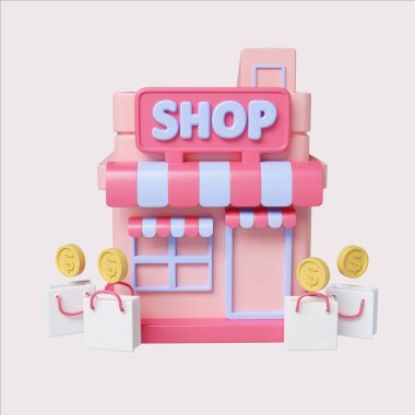 Alışveriş torbaları ve sikkeleri olan canlı bir dükkan, perakende ve e-ticaret tasarımları için ideal..