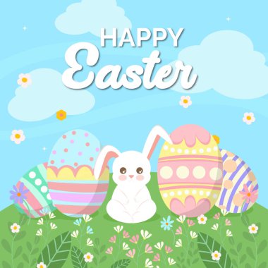 Renkli yumurta ve çiçeklerin arasında oturan sevimli bir tavşanın yer aldığı neşeli bir Paskalya sahnesi. Bayram tasarımları ve bahar kutlamaları için mükemmel..