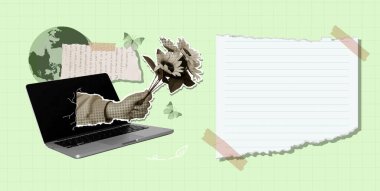 Kolaj sanatında teknolojinin ve sürdürülebilirliğin kesişmesini sembolize eden, elinde çiçeklerle dizüstü bilgisayardan çıkan eller..