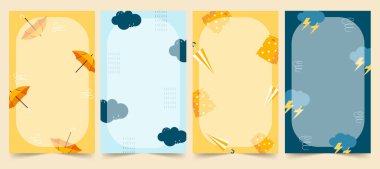 Dört vektör illüstrasyonundan oluşan canlı bir set şemsiyeler ve bulutlar da dahil olmak üzere çeşitli hava elementlerini sergiliyor. Mevsimsel tasarımlar için mükemmel..
