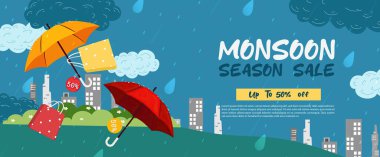 Sersemletici muson sezonu satışı görselleri şemsiye ve indirimler, yağmur mevsiminde müşteri çekmek için ideal..