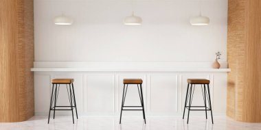 Minimalist tasarım özellikleri olan şık, modern bir kafe. Temiz bir estetik üzerine odaklanmış şık kafeler için mükemmel..