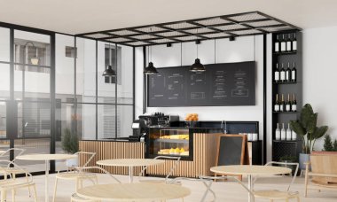 Minimalist bir kafeteryada parlak mobilyalar sergileniyor. Odaklanma ve üretkenlik için ideal bir ortam..