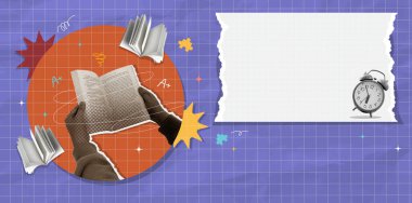 Etkili bir öğrenme için kitaplar, bir saat ve malzemelerin yer aldığı renkli bir Vektör illüstrasyonu okula geri dönmenin özünü yakalıyor..