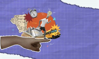 Okul kolajı ile dolu canlı bir okul kolajı, bir okul otobüsü, öğrenme ve büyüme sembolleri, çekici bir atmosfer yaratıyor..