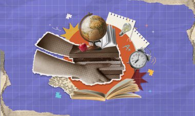 Okul temalarını temsil eden sanatsal bir montaj. Dünya, kitap ve motivasyon unsurları gibi eğitici semboller sergileniyor..
