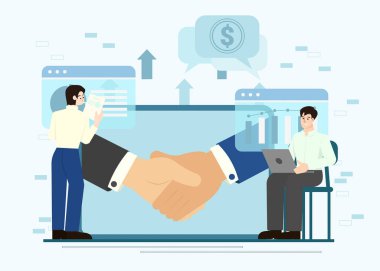 Finansal analiz ve tartışmalara katılan profesyonellerle imzalanan bir B2B anlaşmasının Vektör çizimi.