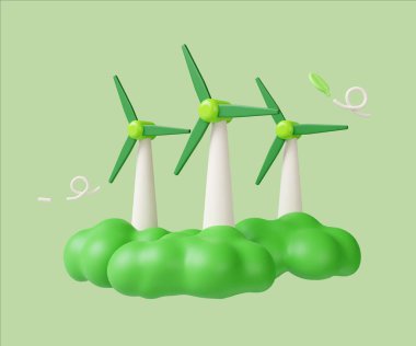 Yenilenebilir enerji ve ekolojik bilinci sembolize eden, yeşil kabarık bulutlarla çevrili, modern bir 3 boyutlu rüzgar türbinleri sergiliyor..