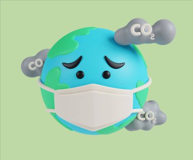 Dost canlısı bir dünya karakterinin maske takarak ekolojik kaygıları ve kirliliği vurgulayan üç boyutlu bir canlandırması..