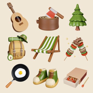 Görsel olarak cezbedici bir 3 boyutlu çizim. Gitar, kamp ateşi, kamp koltuğu ve lezzetli yemeklerle kamp maceralarını resmediyor..