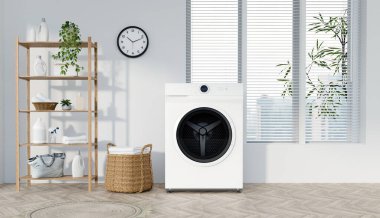 Bir çamaşır makinesi, organize raflar ve yeni bir ambiyansın yer aldığı modern bir ev çamaşırhanesi. Ev geliştirme kavramları için ideal.