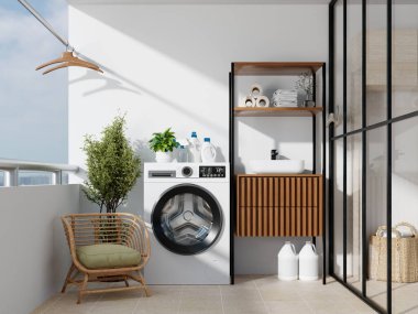 Modern bir çamaşır makinesi, fonksiyonel bir depo ve rahat bir oturma düzeninin sergilendiği şık bir ev çamaşırhanesi..