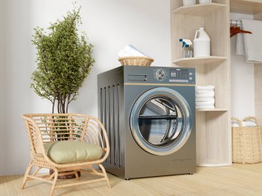 Bu çağdaş çamaşır odasında rahat oturma ve minimalist dekorasyonla tamamlanmış modern bir çamaşır makinesi sergileniyor..