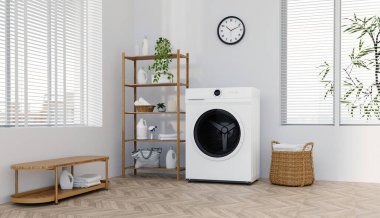 Modern yaşam için çağdaş bir çamaşırhane verimli çamaşır makineleri, şık dekorlar ve pratik bir organizasyon..