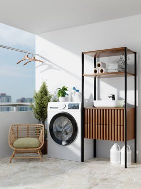 Bu modern ev çamaşırhanesi, organize raf ve yeşillik eşliğinde şık bir çamaşır makinesi içeriyor..