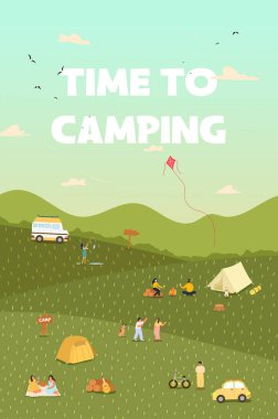 Canlı bir Vektör illüstrasyonu arkadaşlarla, çadırlarla ve manzaralı bir arka plana karşı açık hava aktiviteleriyle eğlenceli bir kamp macerası sergiliyor..