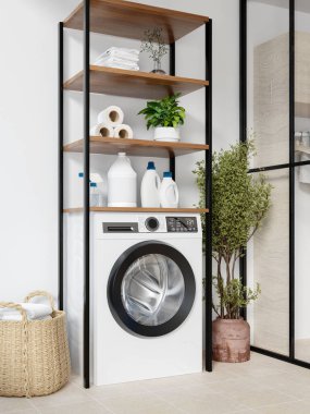 Depolama amaçlı raflarla tamamlanmış şık bir çamaşır makinesinin yer aldığı çağdaş bir çamaşırhane..