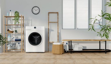 Modern çamaşır makinelerinin sergilendiği şık bir çamaşırhane ve düzenli bir görünüm için raflar..