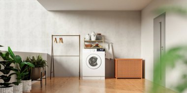 İşlevsel tasarım unsurları, şık bir çamaşır makinesi ve rahat bir ortam barındıran modern bir çamaşırhane..