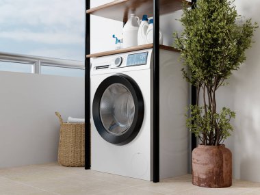 Etkili bir alan için modern aletlerin şık organizasyonel özelliklerle eşleştirildiği işlevsel bir çamaşırhane..