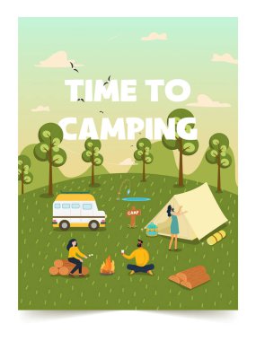 Canlı bir Vektör illüstrasyonu, arkadaşları, çadırları, kamp ateşi ve doğa güzelliğiyle neşeli bir kamp sahnesi sergiliyor..
