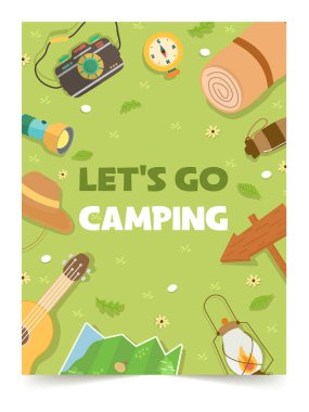 Renkli bir vektör illüstrasyonunda açık hava meraklıları için mükemmel bir fener, gitar ve pusula da dahil olmak üzere temel kamp malzemeleri sergileniyor..