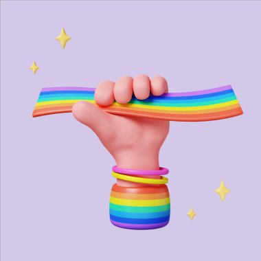 Gökkuşağı kurdelesini tutan, LGBTQIA topluluğunun güç ve gururunu sembolize eden üç boyutlu bir çizim..