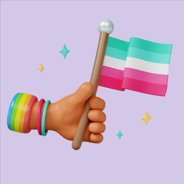 Renkli bir gurur bayrağı taşıyan, kutlama ve kapsayıcılığı sembolize eden üç boyutlu neşeli bir çizim..