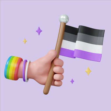 Renkli bir gurur bayrağı taşıyan, kutlama ve kapsayıcılığı sembolize eden üç boyutlu neşeli bir çizim..