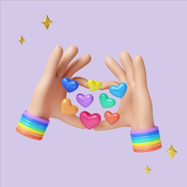 Sevgi ve gururu temsil eden bir dizi canlı kalbi tutan üç boyutlu bir çizim..