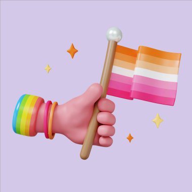 Renkli bir gurur bayrağı taşıyan, kutlama ve kapsayıcılığı sembolize eden üç boyutlu neşeli bir çizim..