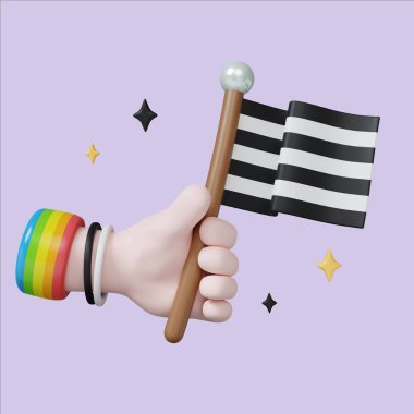 Neşeli bir el, dinamik siyah beyaz çizgili bir gurur bayrağını tutuyor, kapsayıcılığı temsil ediyor..