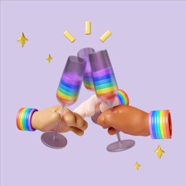 Canlı bir 3D, gökkuşağı renkleri ve sevinçli kutlamalarda ellerin yer aldığı kaldırılmış kadehlerle gurur dolu bir kutlamayı resmediyor..