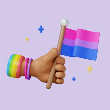 Renkli bir gurur bayrağı taşıyan, kutlama ve kapsayıcılığı sembolize eden üç boyutlu neşeli bir çizim..