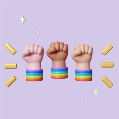 Gökkuşağı bileklikleriyle süslenmiş, birlik ve gururu sembolize eden üç boyutlu güçlü bir tasvir..