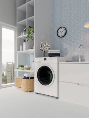 Temiz bir çamaşırhane tasarımı uygun aletleri ve şık dekorları sergiliyor, organizasyon ve modern yaşam estetiğini vurguluyor..