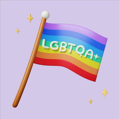 Göz alıcı renkler ve şenlik unsurlarıyla gururu sembolize eden LGBTQIA bayrağını içeren canlı bir 3D canlandırma.