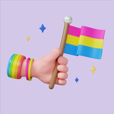 Renkli bir gurur bayrağı taşıyan, kutlama ve kapsayıcılığı sembolize eden üç boyutlu neşeli bir çizim..