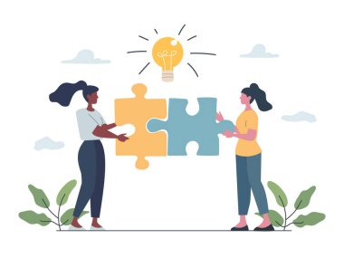 Bir ampul fikirleri sembolize ederken, iki kişinin bulmaca parçalarıyla işbirliği yaptığını gösteren vektör illüstrasyonu.