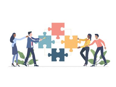 Canlı bulmaca parçalarını birleştirmek için birlikte çalışan bir grup profesyoneli tasvir eden vektör çizimi.