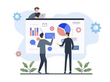 Verileri grafiklerle analiz etmek, takım çalışmasını desteklemek ve stratejik planlamayı desteklemek için birlikte çalışan profesyonelleri gösteren bir vektör çizelgesi.