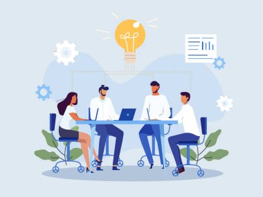 Takım üyelerinin fikirleri paylaştığı ve yenilikleri teşvik ettiği işbirlikçi bir çalışma alanını tasvir eden canlı bir vektör çizimi.